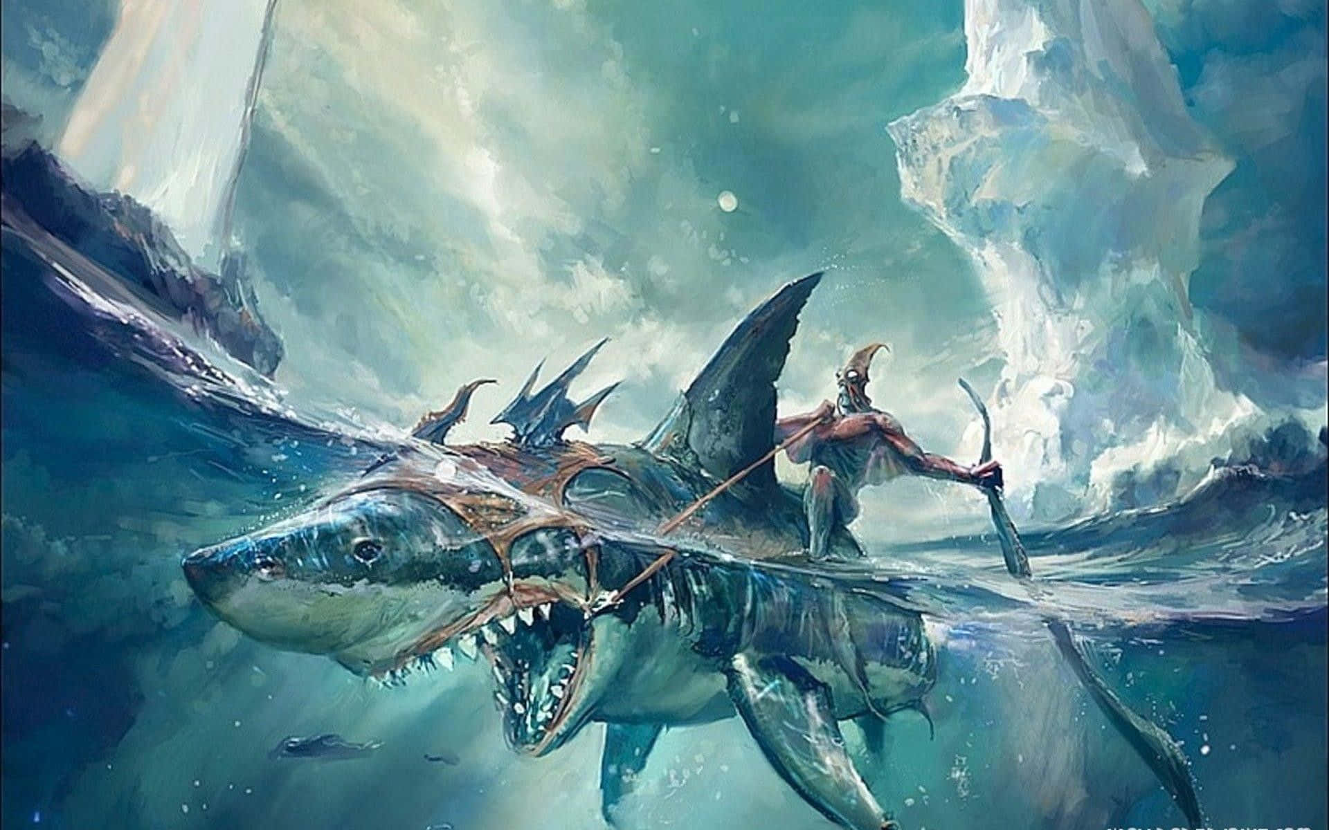 戰士騎著鯊魚穿越冰冷海水，冰山聳立，天空風暴肆虐。