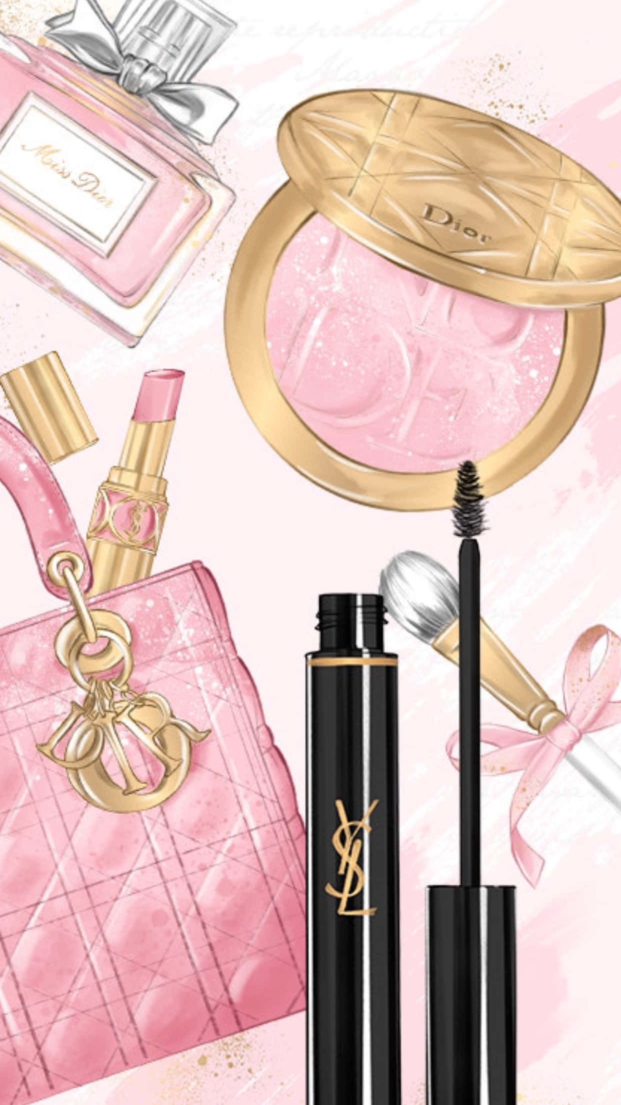 Pink Makeup 桌布 壁紙 — 以Dior和YSL化妝品及配飾為特色的迷人粉紅色奢華美容拼貼畫，背景為柔和的水彩畫。