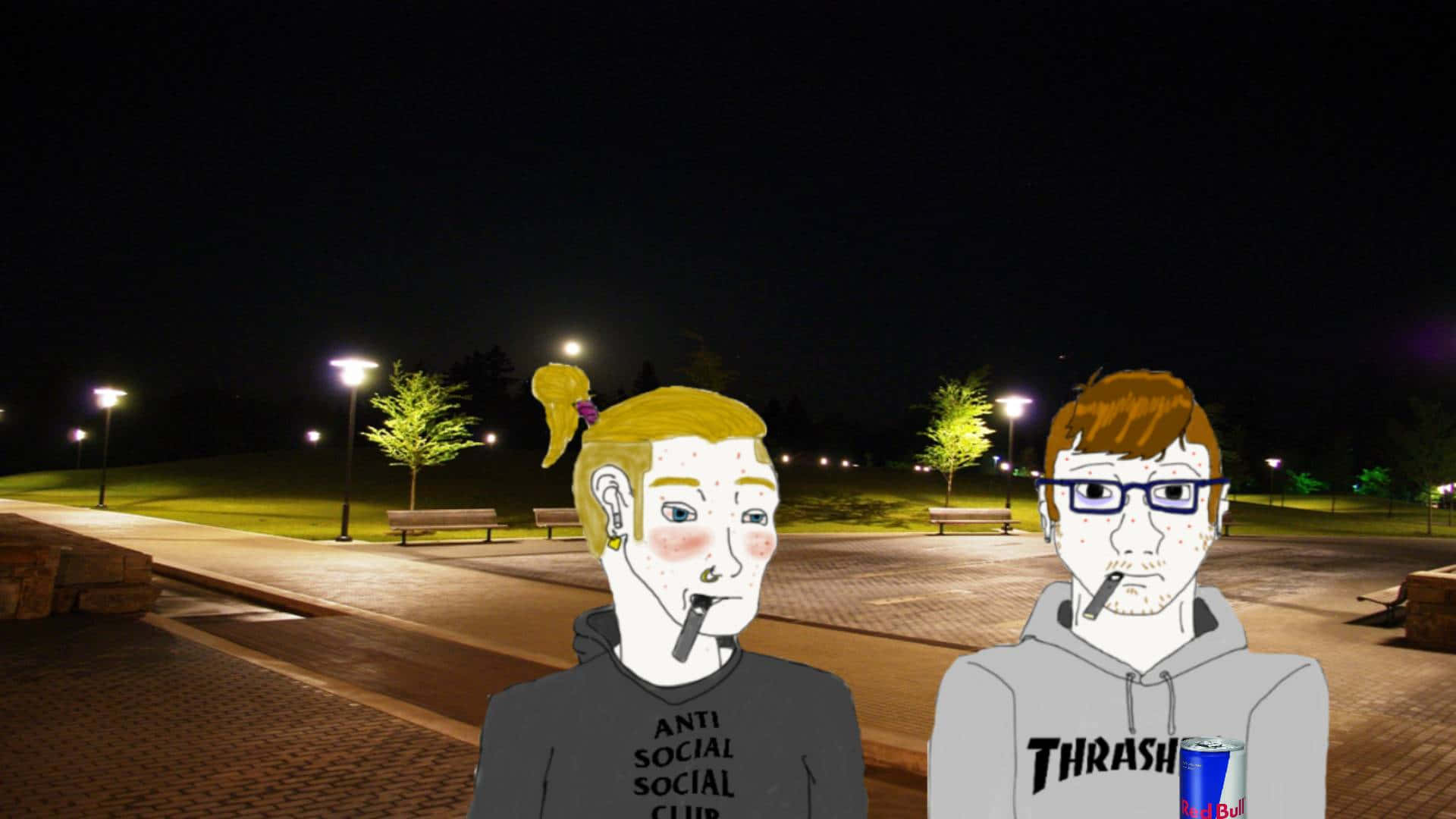 兩個插圖青少年在夜晚的公園裡吸煙，背景有街燈。