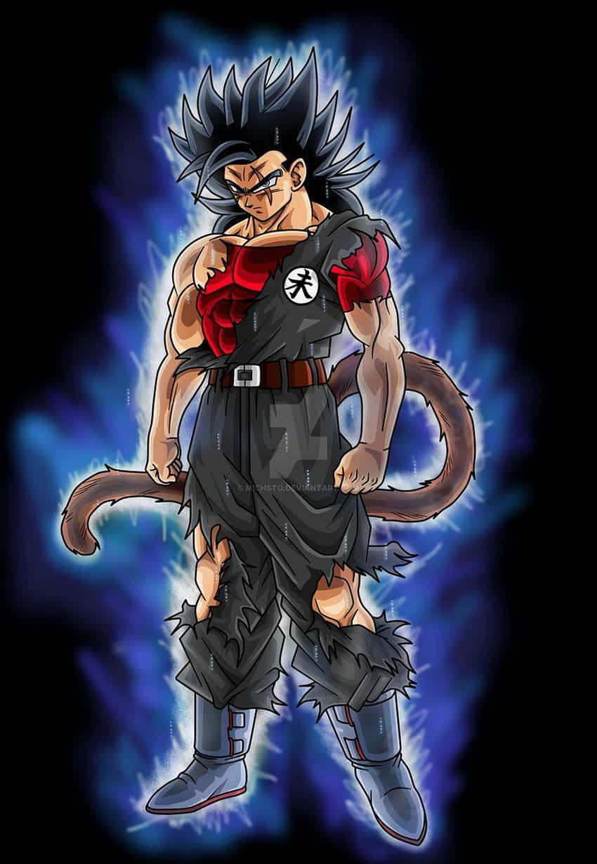 以Dope Dragon Ball Z釋放你的內在力量 壁紙 — 一個肌肉發達的動漫戰士，擁有黑色刺蝟頭和尾巴，在黑暗背景中散發著藍色光芒。