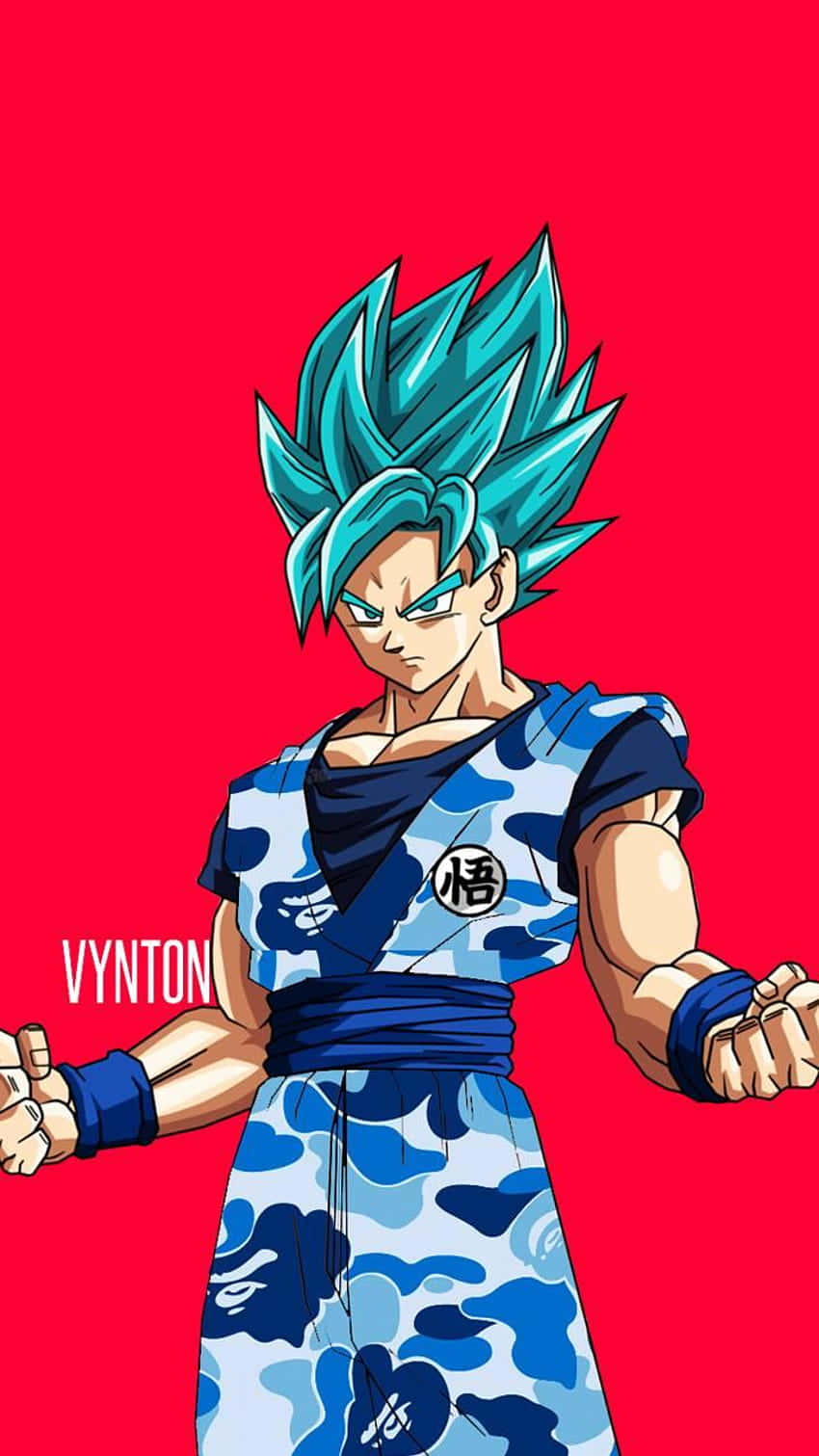以Dope Dragon Ball Z釋放超級賽亞人的力量！ 壁紙 — 藍髮超級賽亞人神悟空身穿迷彩道服，在鮮紅色背景前強力站立。