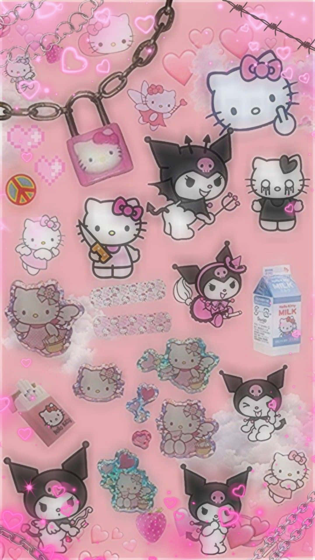 Hello Kitty和Kuromi角色在粉紅色心形和雲朵牆紙中。