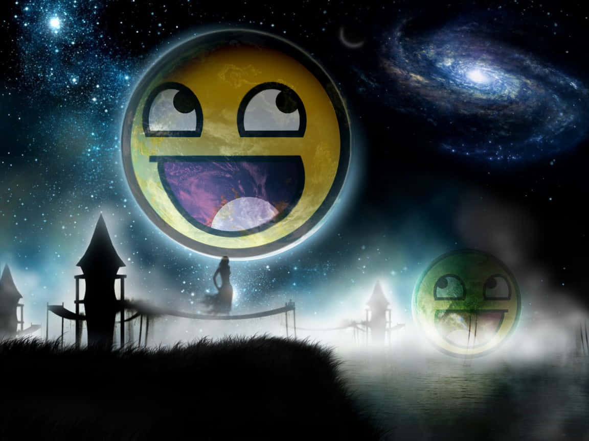 以Epic Face展現自信與力量！ 壁紙 — 一個微笑的表情符號星球，嘴裡有紫色星雲，漂浮在霧氣瀰漫的景觀上空，有剪影塔樓和橋上孤獨的身影。