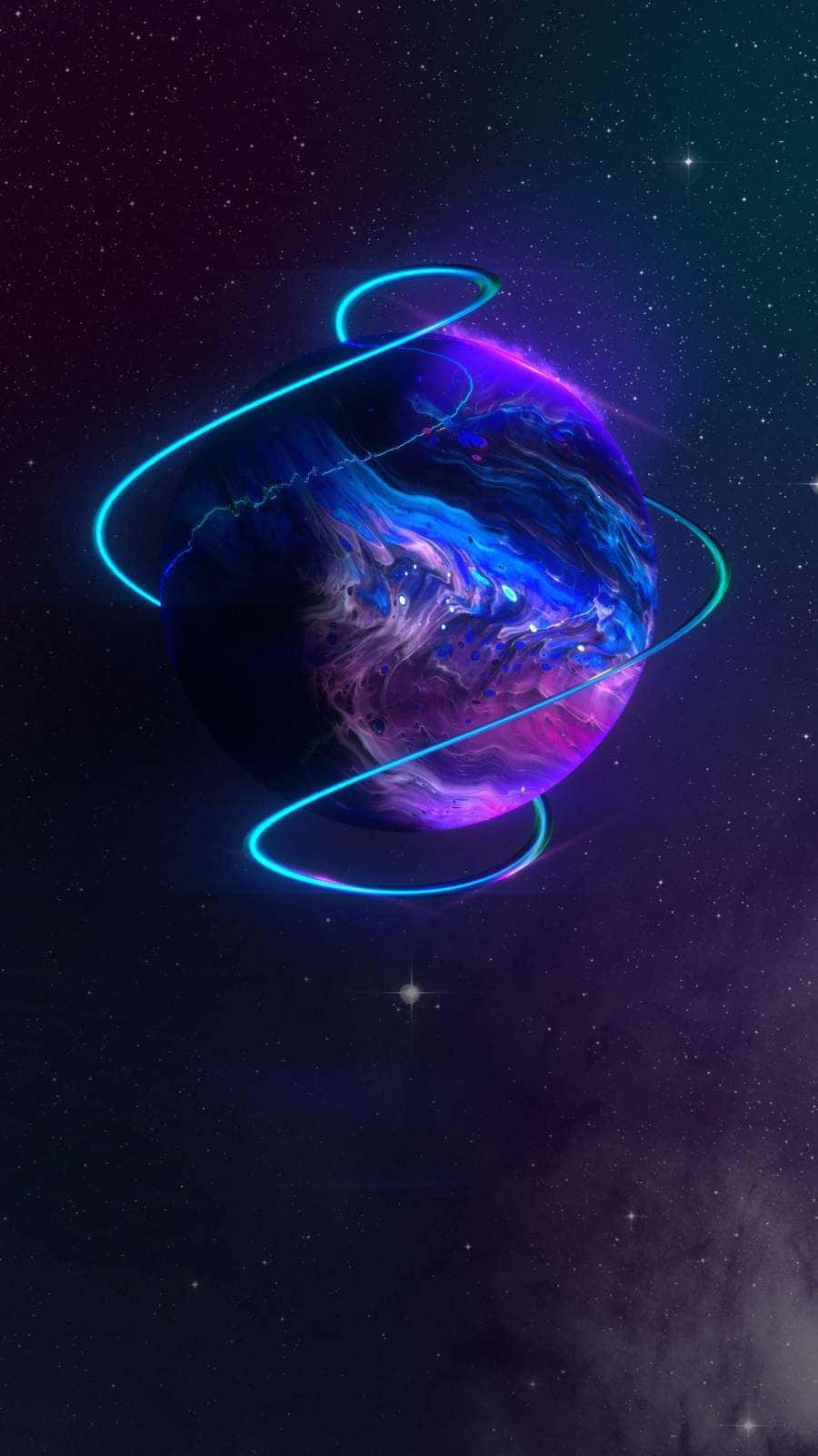 在星空場景中，一顆發光的行星，帶有旋轉的色彩和青綠色環。