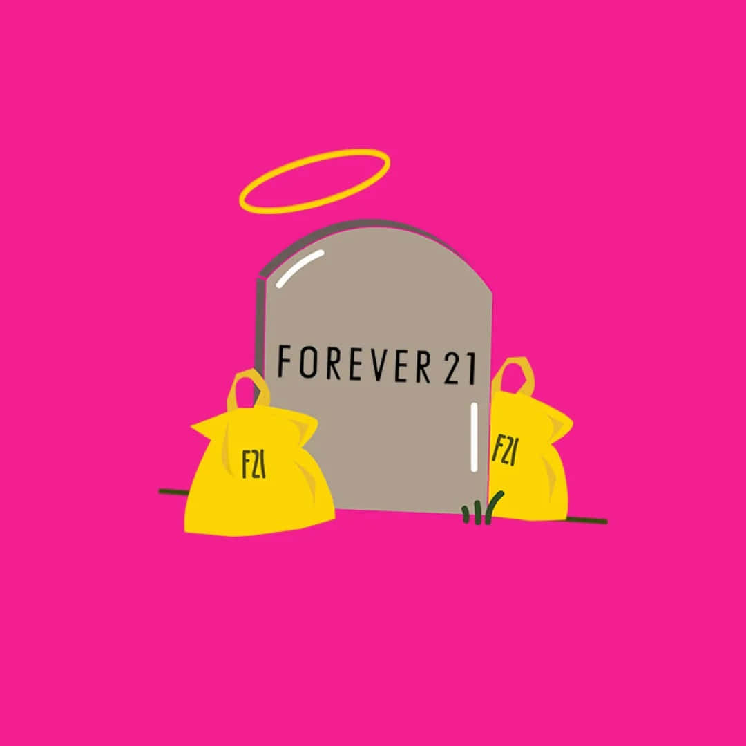 刻有 Forever 21 標誌的墓碑，兩側有黃色購物袋，上方有天使光環。