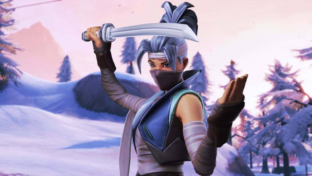 忍者戰士在黃昏雪地森林中持劍