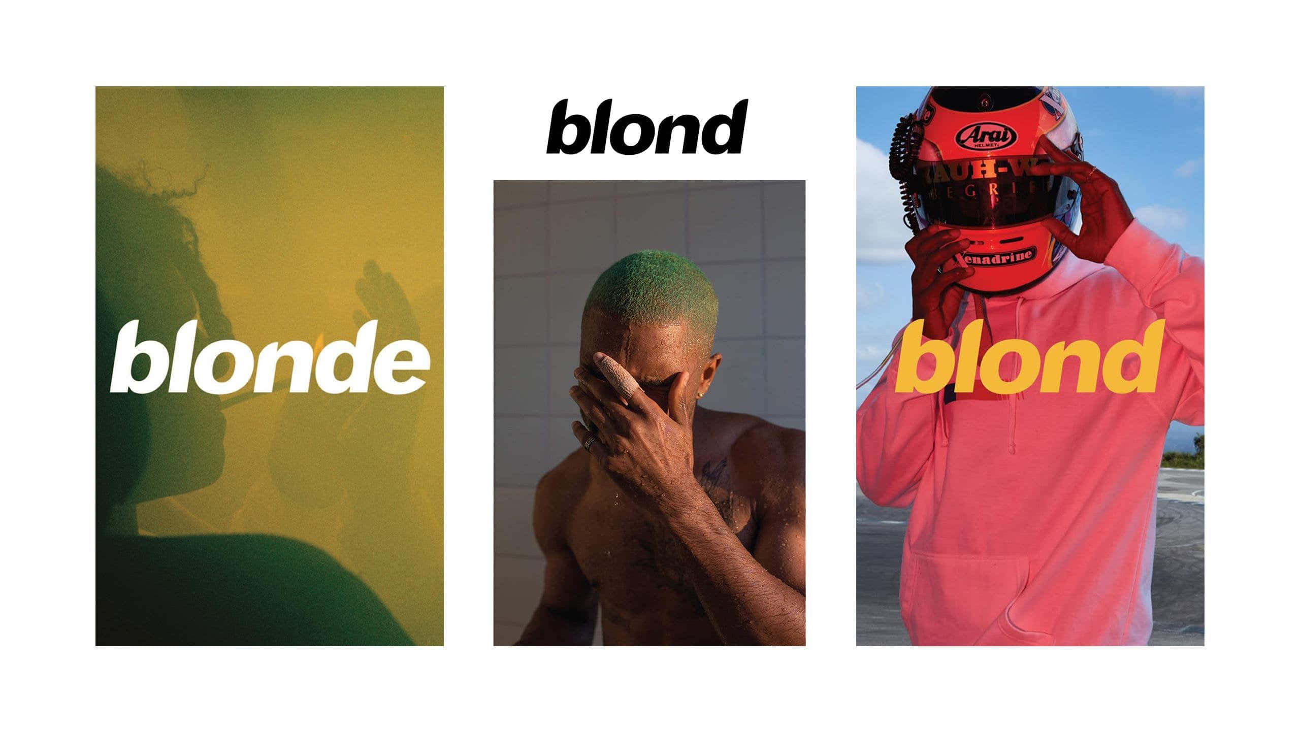 以Frank Ocean《Blonde》成就偉大 壁紙 — 三幅風格化肖像，上面疊加著「blonde」一詞：一個剪影、一個用綠色頭髮遮住臉的男人，以及一個戴著賽車頭盔的人。