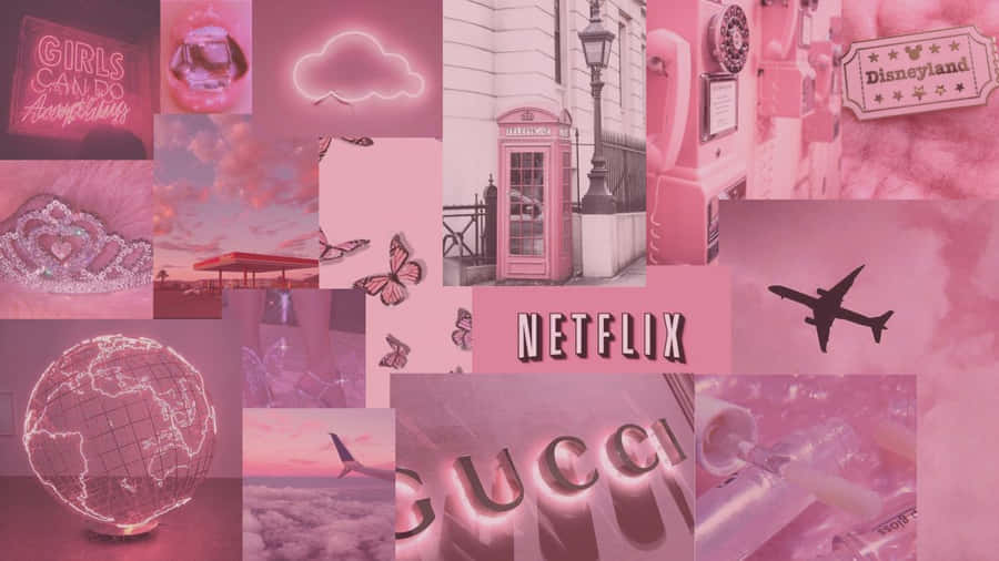 以Girly Laptop提升工作效率，兼備時尚設計 壁紙 — 以電話亭、蝴蝶、Netflix標誌和奢華品牌元素為特色的夢幻粉調拼貼畫。