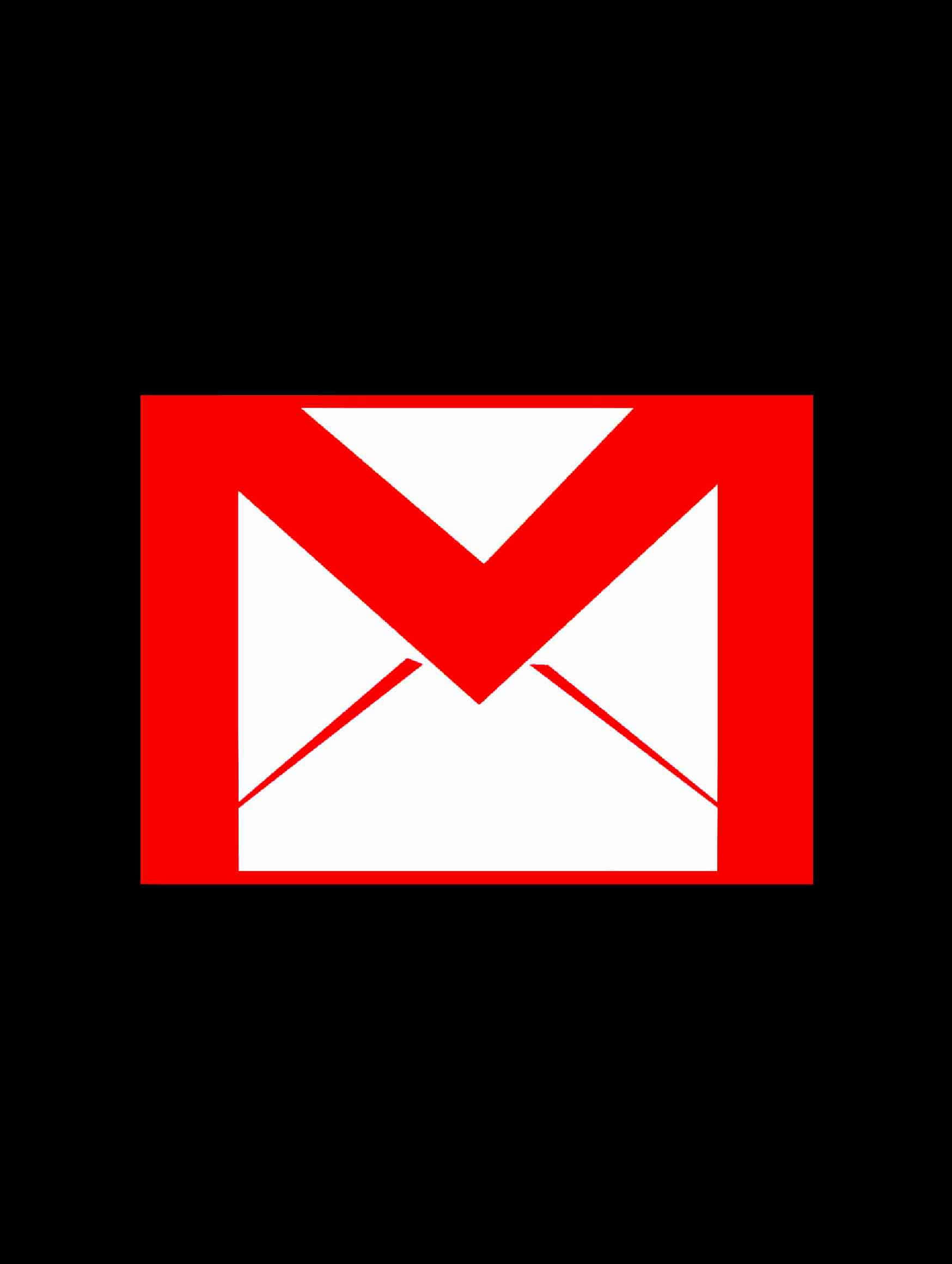 以Gmail開啟美好一天 壁紙 — 一個大膽的紅色Gmail標誌居中在純黑色背景上，帶有乾淨的幾何線條。