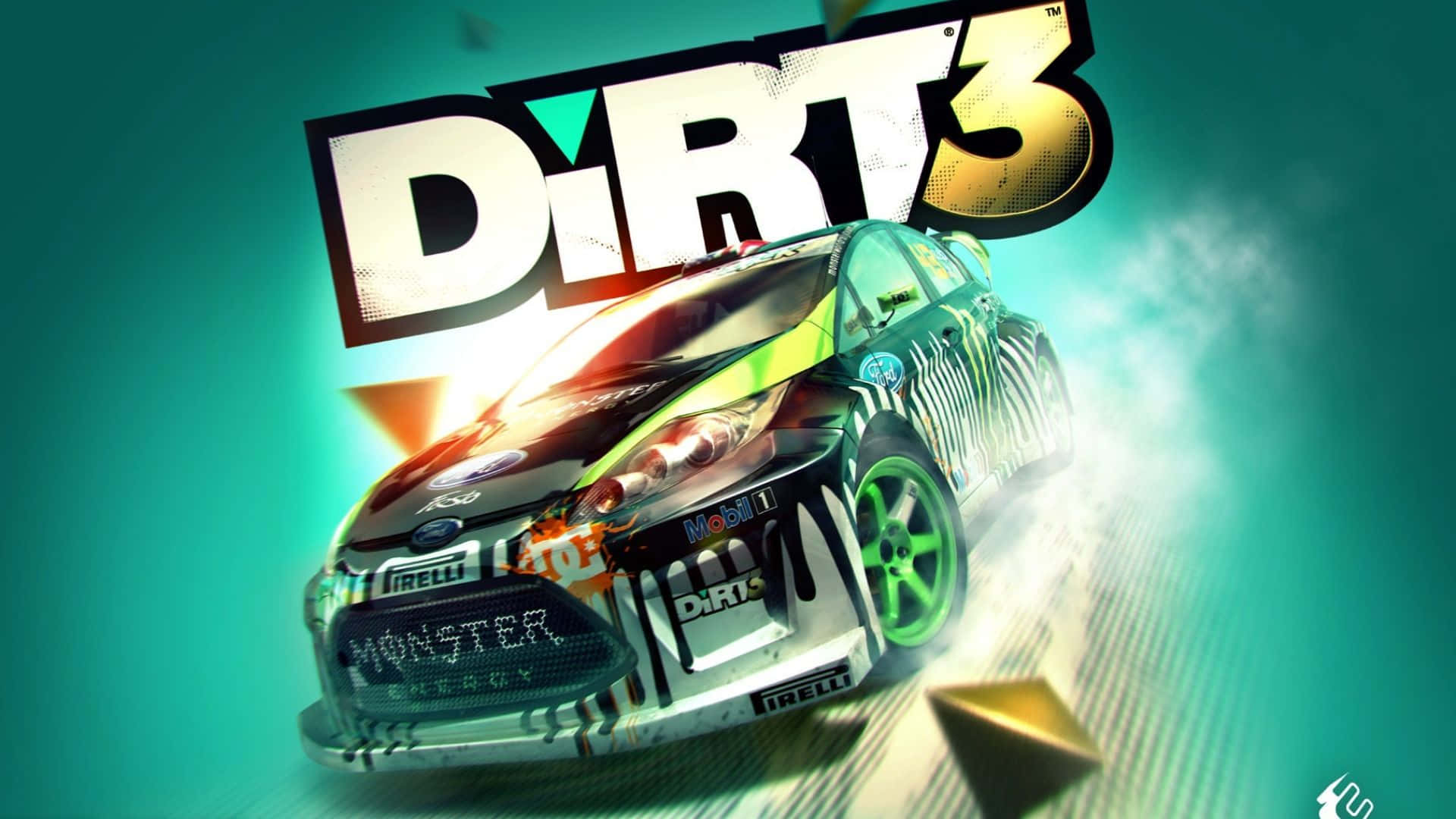 一輛拉力賽車在《DiRT 3》遊戲標誌下飄移並留下煙霧。