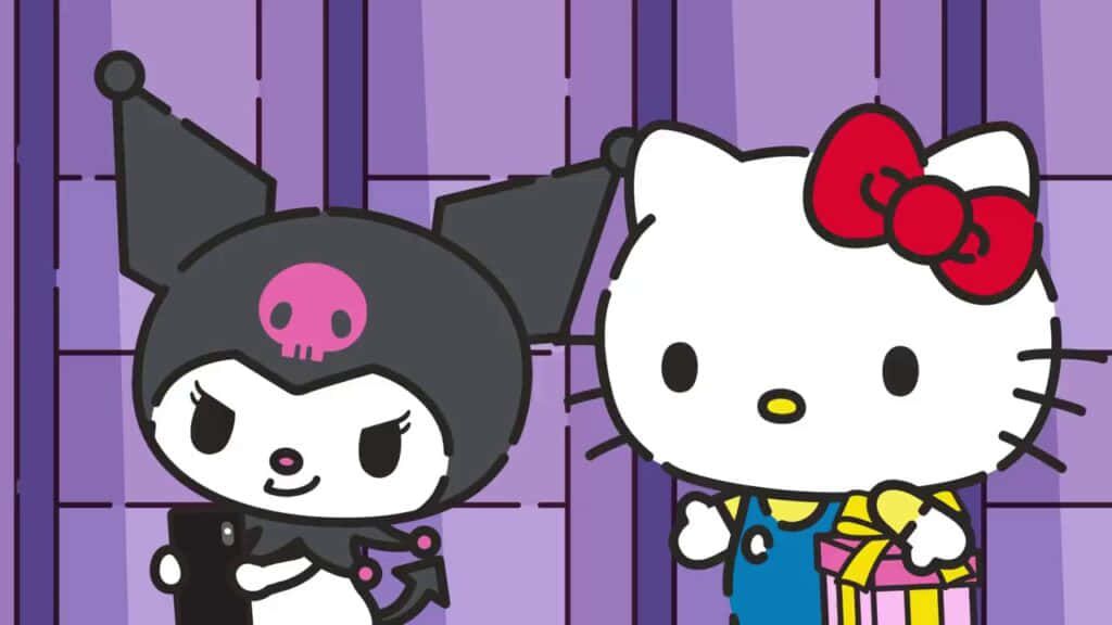 Hello Kitty 和 Kuromi 在紫色條紋前拿著禮物和電話。