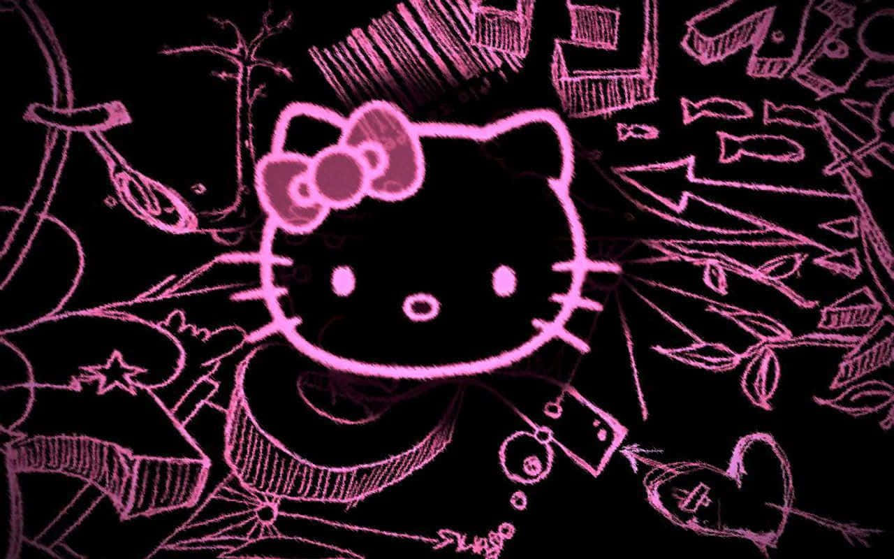 粉紅色粉筆繪畫的Hello Kitty，被塗鴉包圍在黑色背景上。