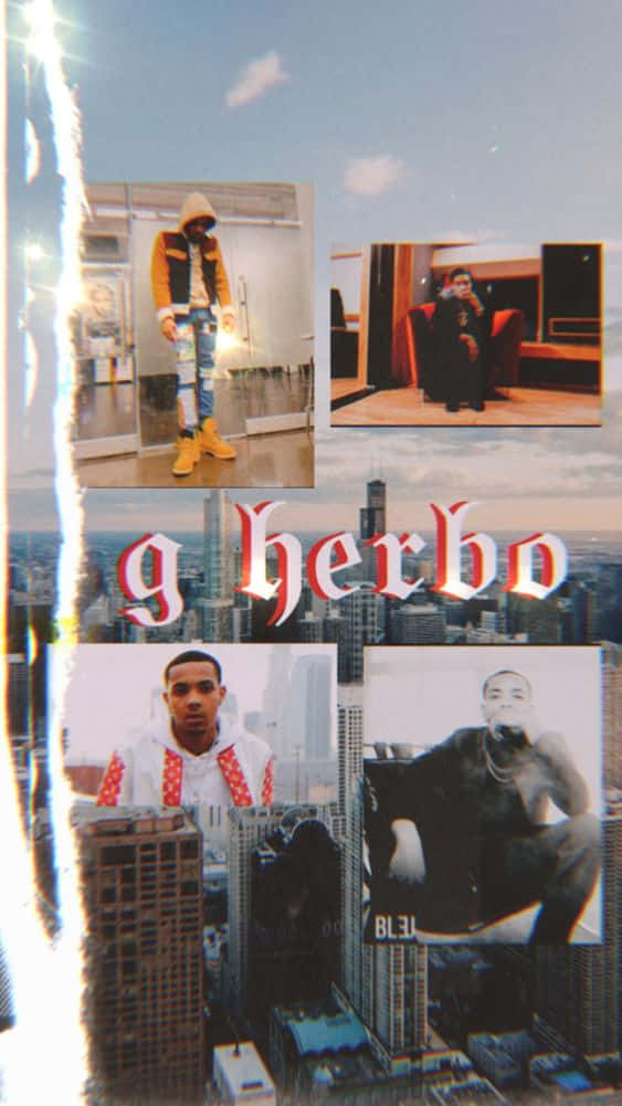 G Herbo 拼貼畫，背景為城市天際線和粗體紅色文字。