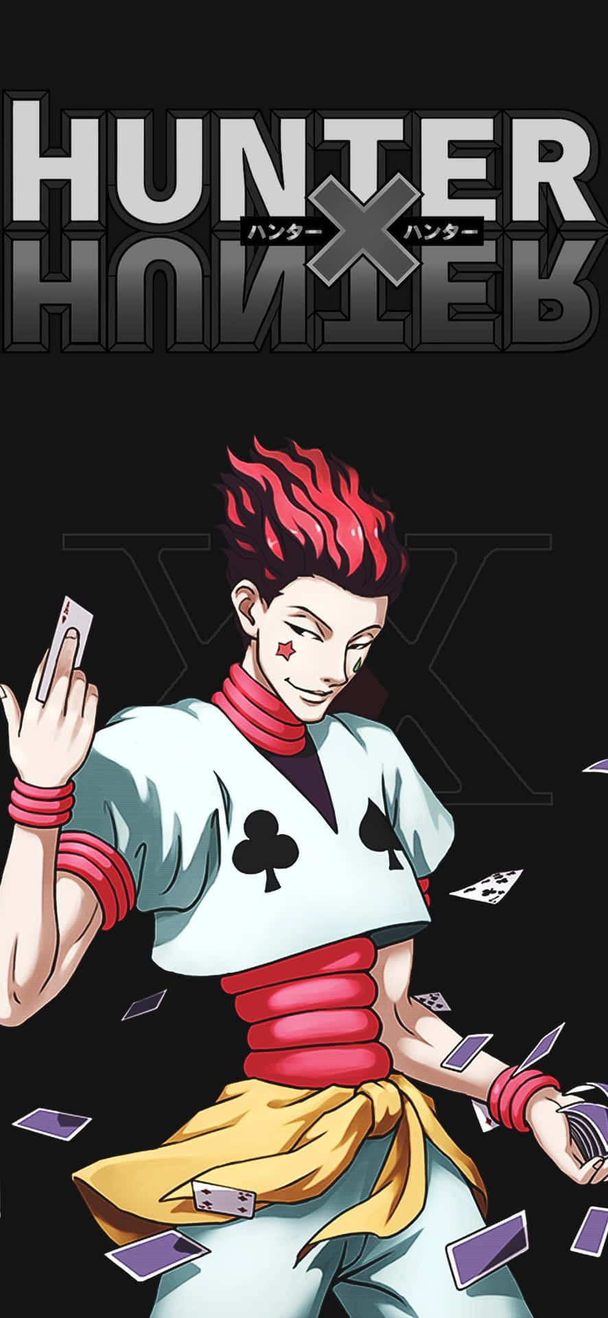 紅髮動漫角色手持撲克牌，背景為 Hunter x Hunter 標誌。