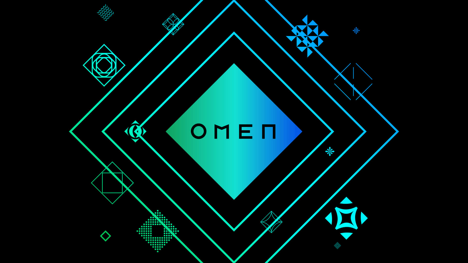 幾何標誌，帶有發光青色的 Omen 文字，背景為黑色。