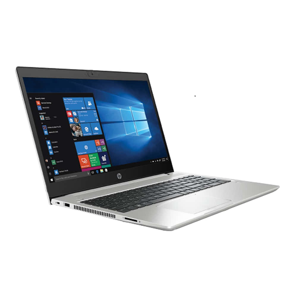 銀色HP手提電腦在白色背景上打開，顯示Windows 10開始功能表。