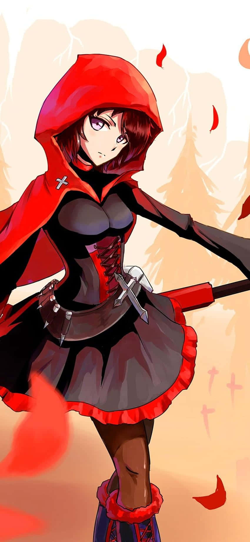 以iPhone 11紅色動漫版，盡情享受每一刻 壁紙 — 一個兇猛的動漫女孩穿著紅色連帽斗篷，在熾熱的橙色背景中揮舞著劍，周圍漂浮著紅葉。