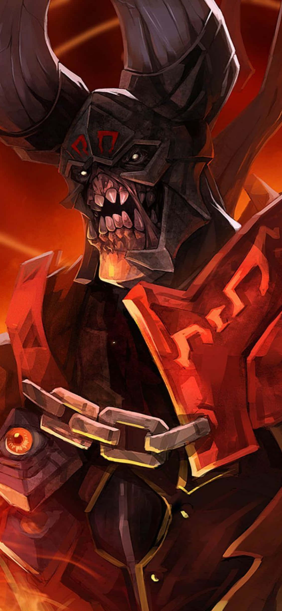 以iPhone XS體驗《Doom》的強大威力 壁紙 — 一個帶有發光眼睛和火紅盔甲的威脅性有角惡魔，站在熾熱的橙色背景前。