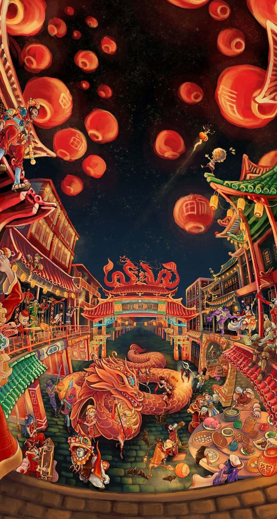 節日的中國街道，夜晚有舞龍和漂浮的燈籠。