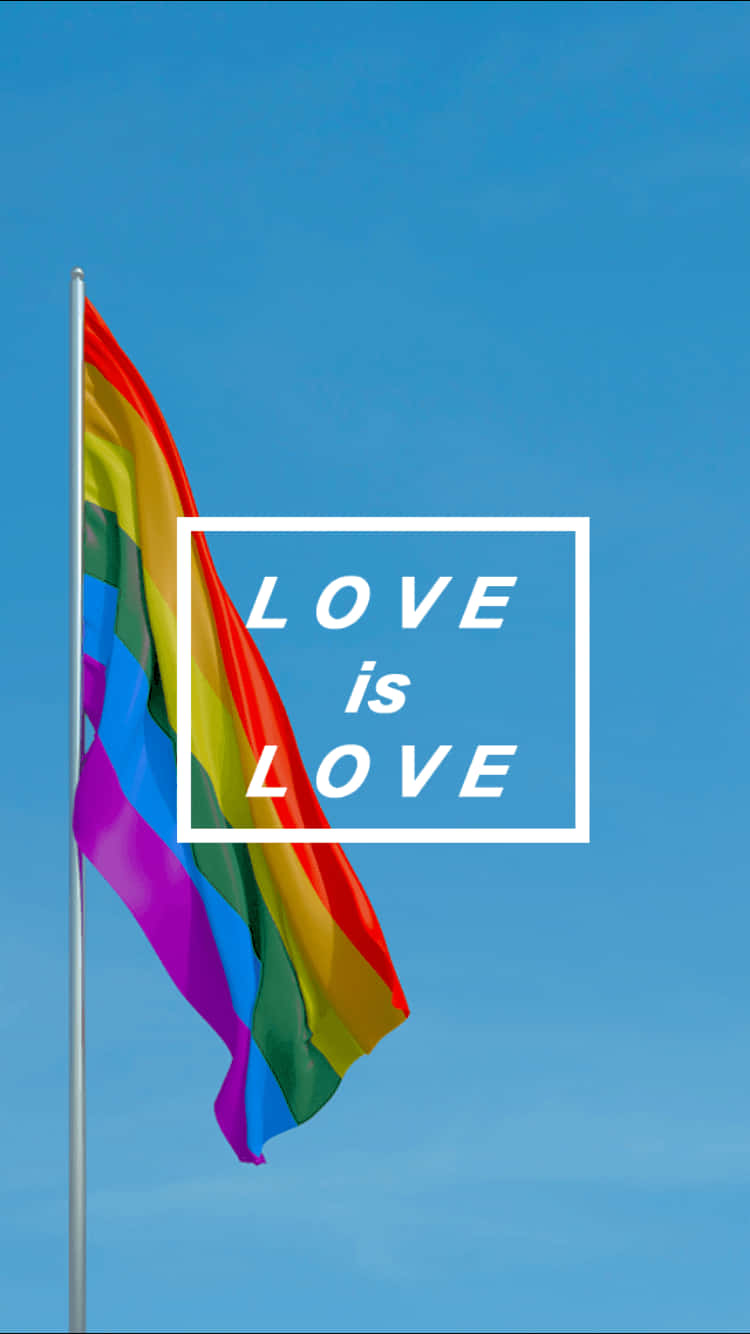 彩虹驕傲旗飄揚，帶有「LOVE is LOVE」文字疊加。