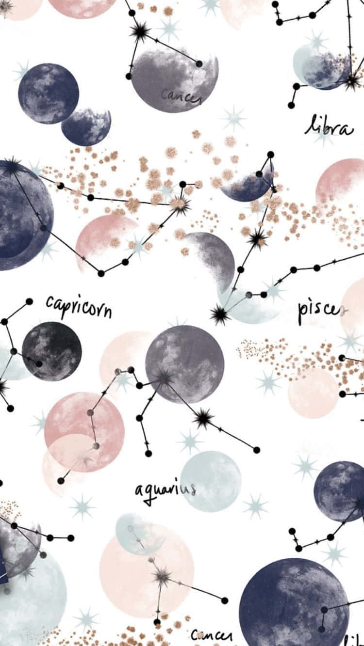 以柔和水彩風格呈現的月亮和星座圖案。