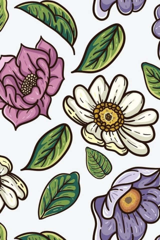 以iPhone花感受自然之美 壁紙 — 在淺色背景上手繪的紫色、白色和綠色鮮豔花朵和葉子。