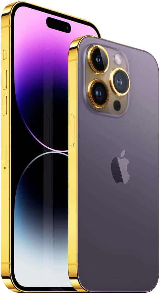 以iPhone連接人心的力量 壁紙 — 一部時尚的iPhone，金色邊框和紫色漸變屏幕，在白色背景前後展示。