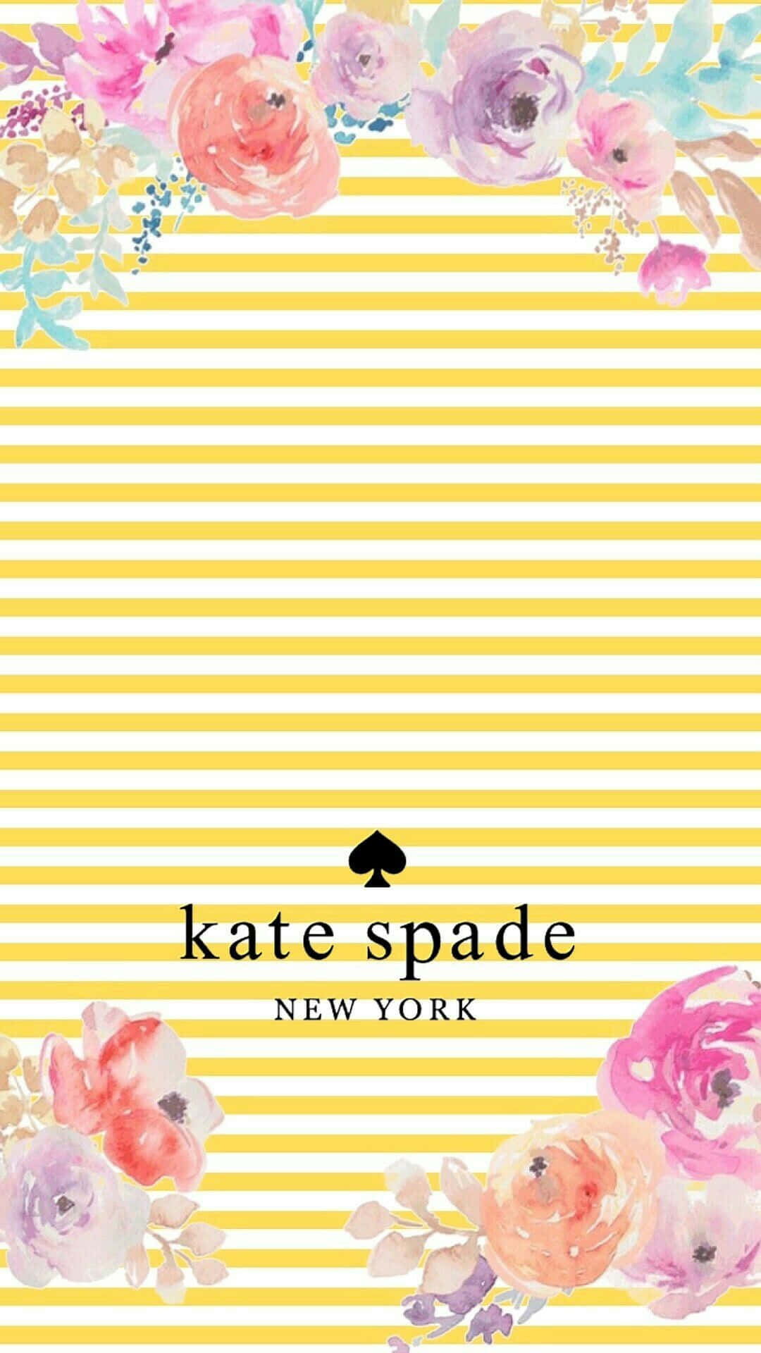 「以Kate Spade活出彩色人生！」 壁紙 — 充滿活力的粉紅、蜜桃和薰衣草色水彩花朵，襯托大膽的黃白條紋背景，並帶有 Kate Spade New York 標誌。
