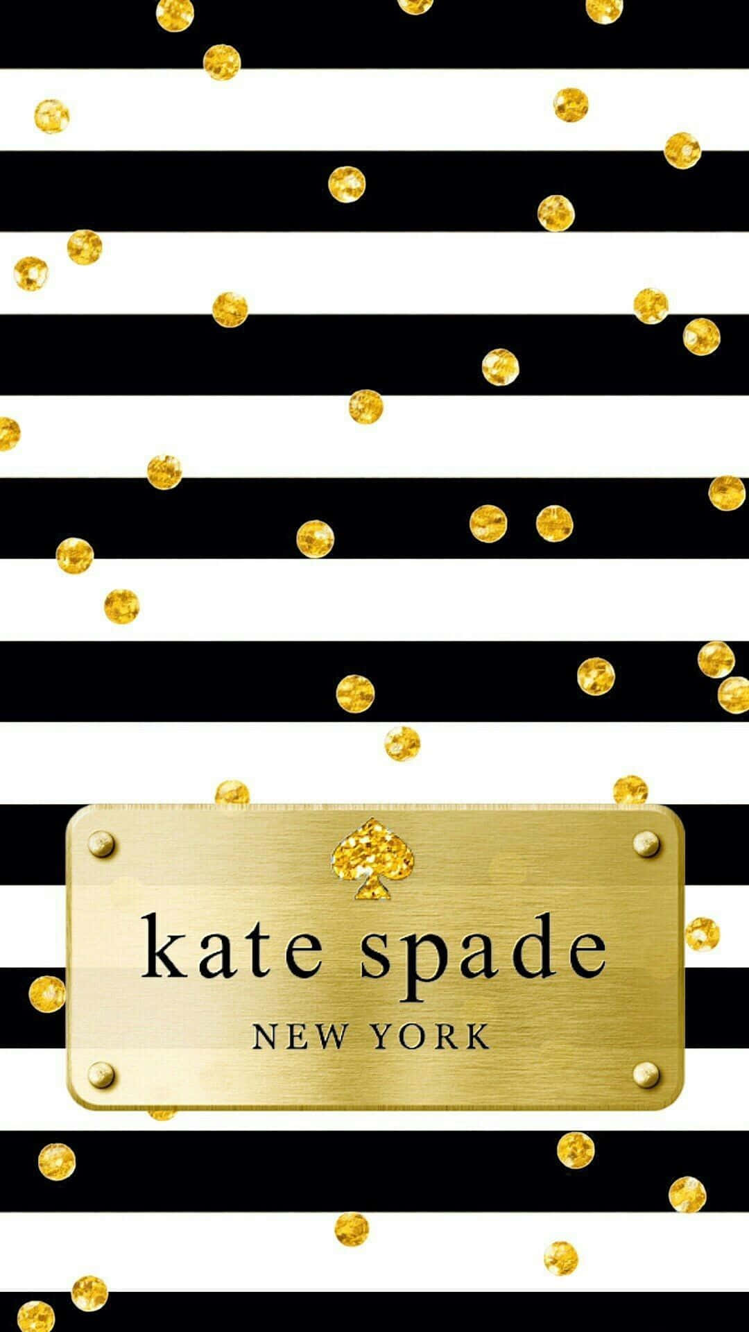 「以Kate Spade讓生活更色彩繽紛」 壁紙 — 黑白橫條紋飾有散落的金色紙屑和中央一個金色牌匾，上面寫著 kate spade new york。
