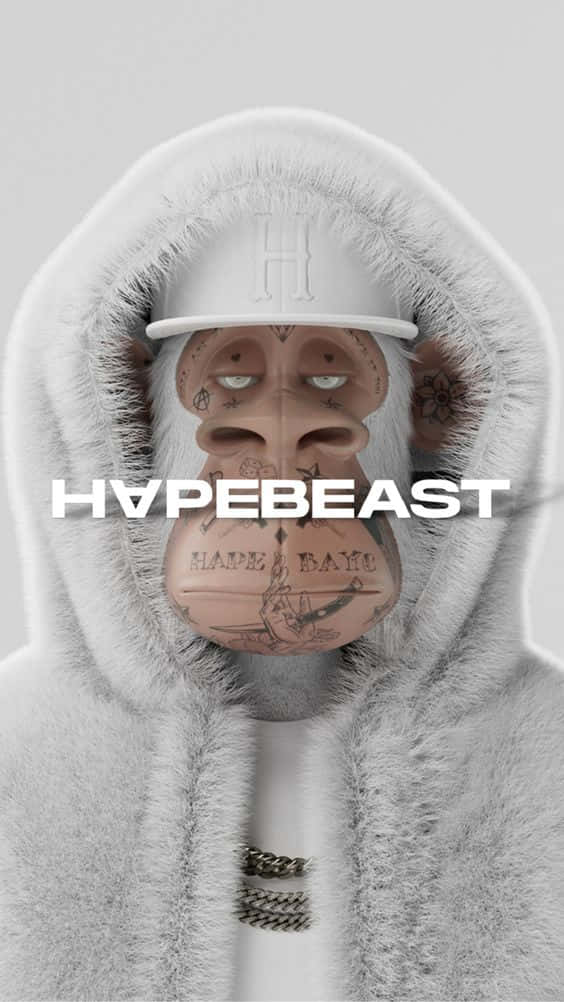 紋身猴子穿著白色連帽衫和帽子，帶有HYPEBEAST品牌標誌。
