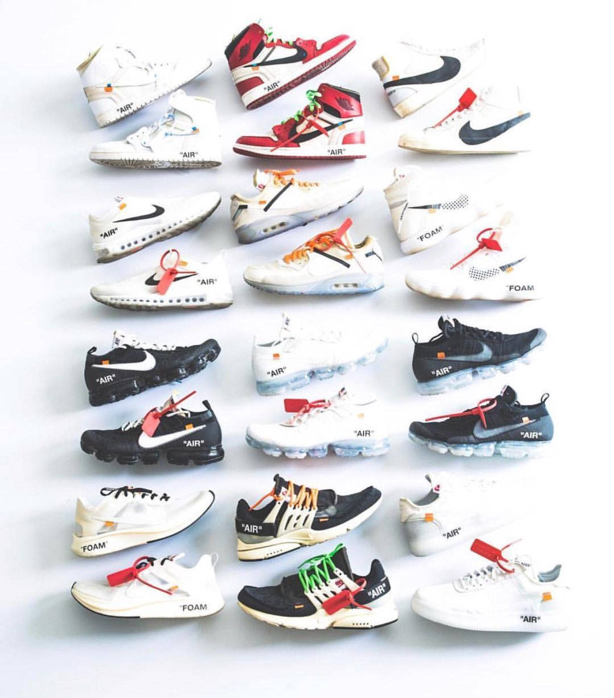 各種顏色的 Off White x Nike Air 運動鞋以網格排列的系列。