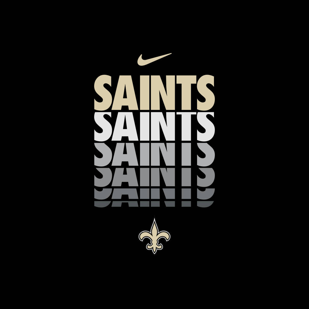 Nike Saints標誌，黑色背景上堆疊的球隊名稱及百合花。