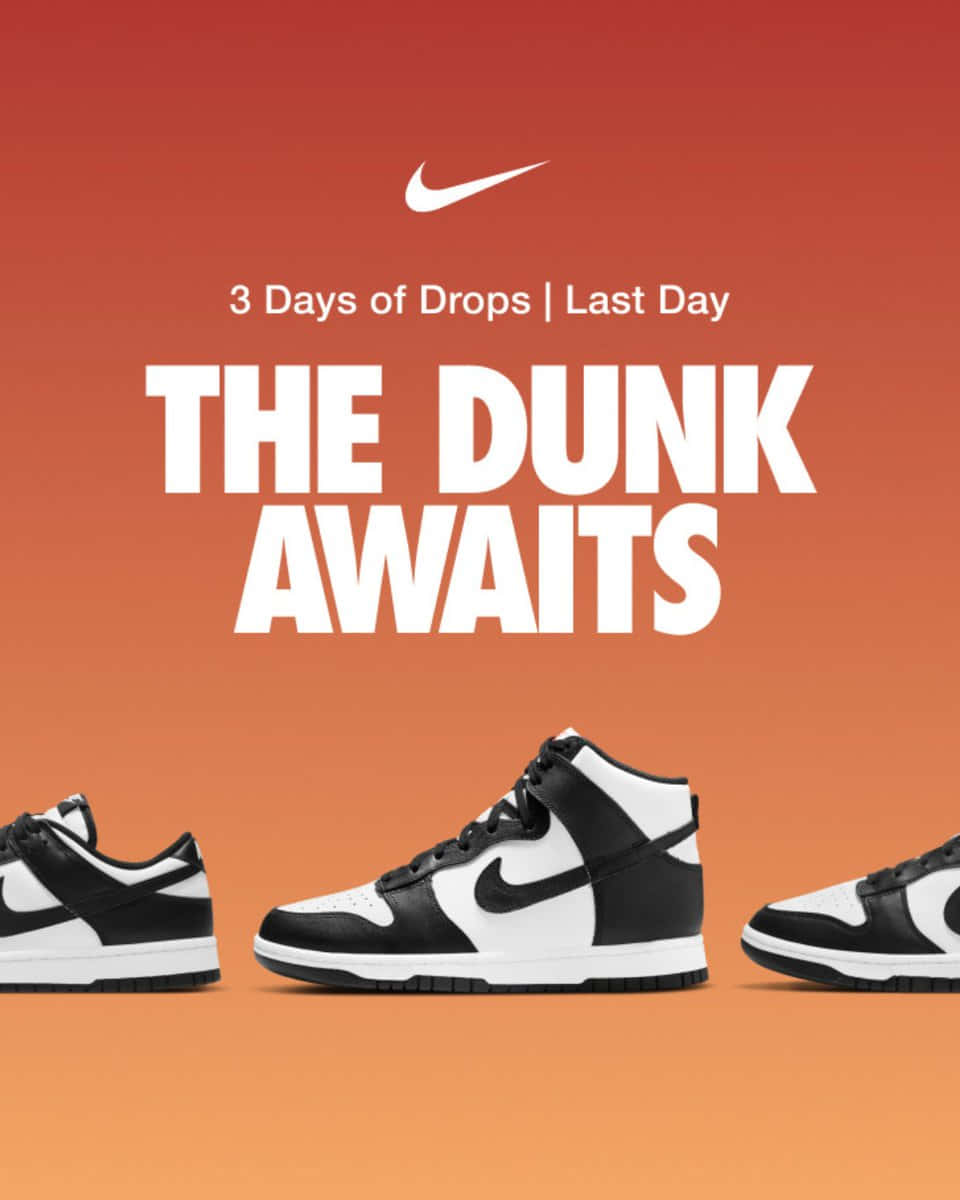 三對黑白Nike Dunk運動鞋，橙色漸變背景上有宣傳文字。