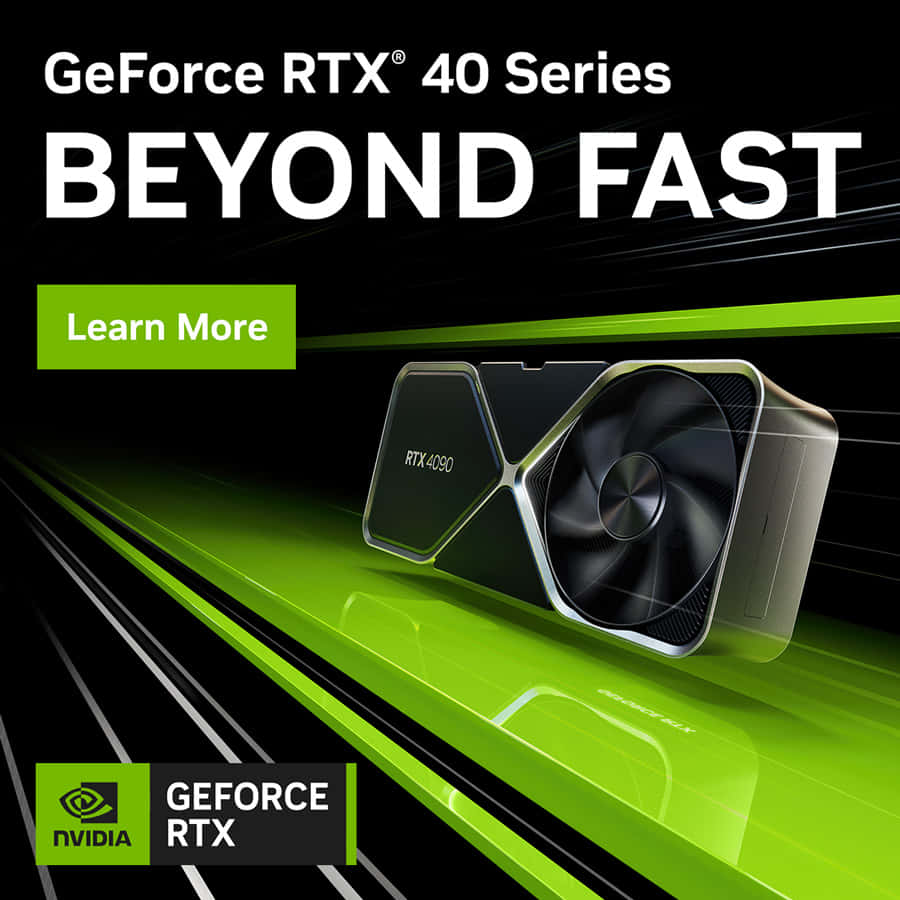NVIDIA GeForce RTX 4090顯示卡在綠色軌道上奔馳，帶有「Beyond Fast」文字。