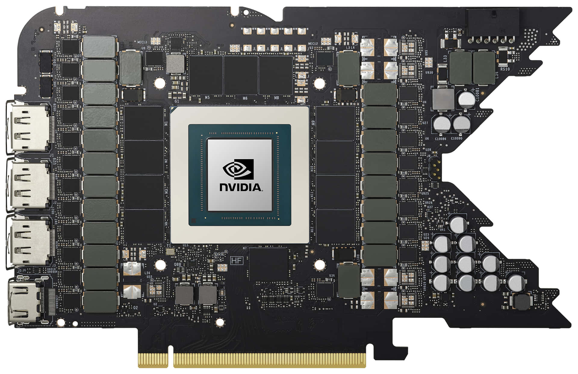 NVIDIA顯示卡，帶金色PCIe接口和散熱組件。