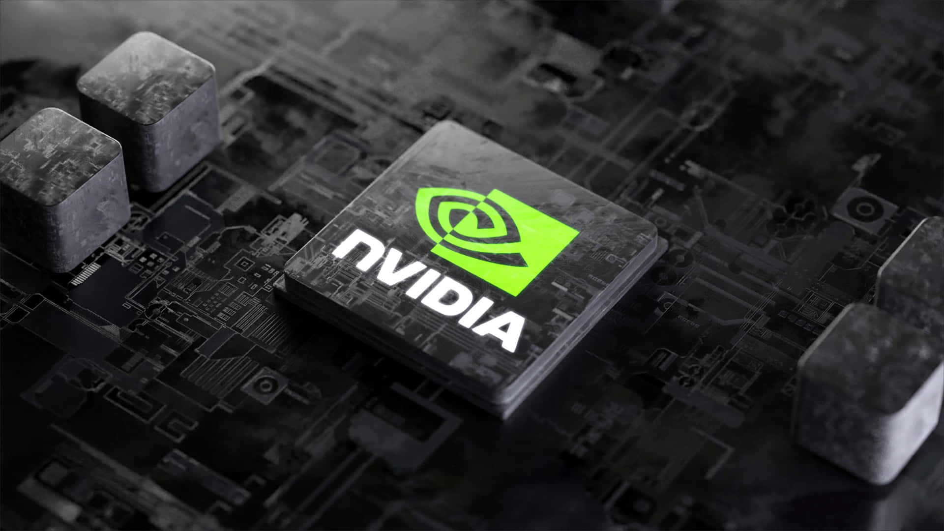 電路板上的NVIDIA圖形處理單元，帶有發光綠色標誌。