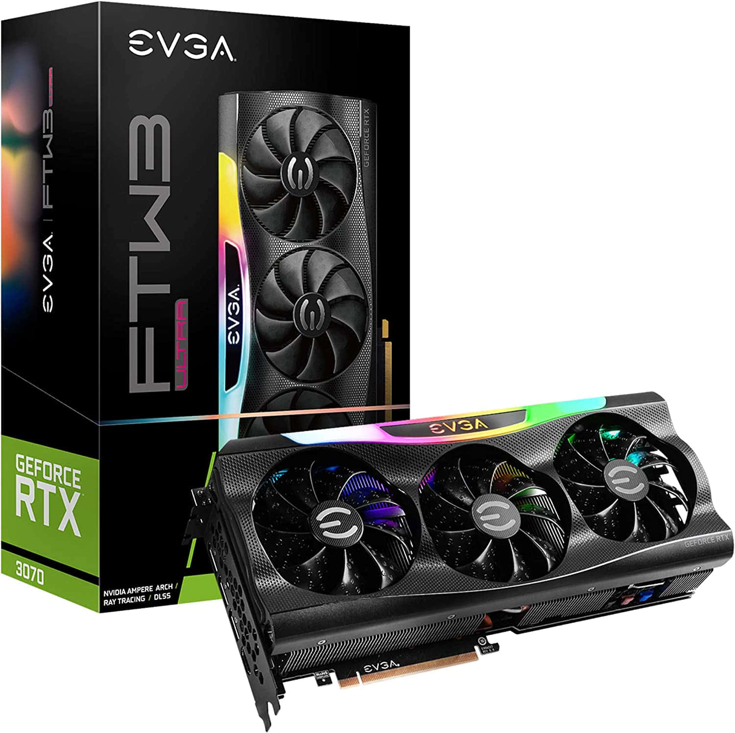 EVGA GeForce RTX 3070 FTW3 Ultra 顯示卡配備 RGB 燈光及零售盒。