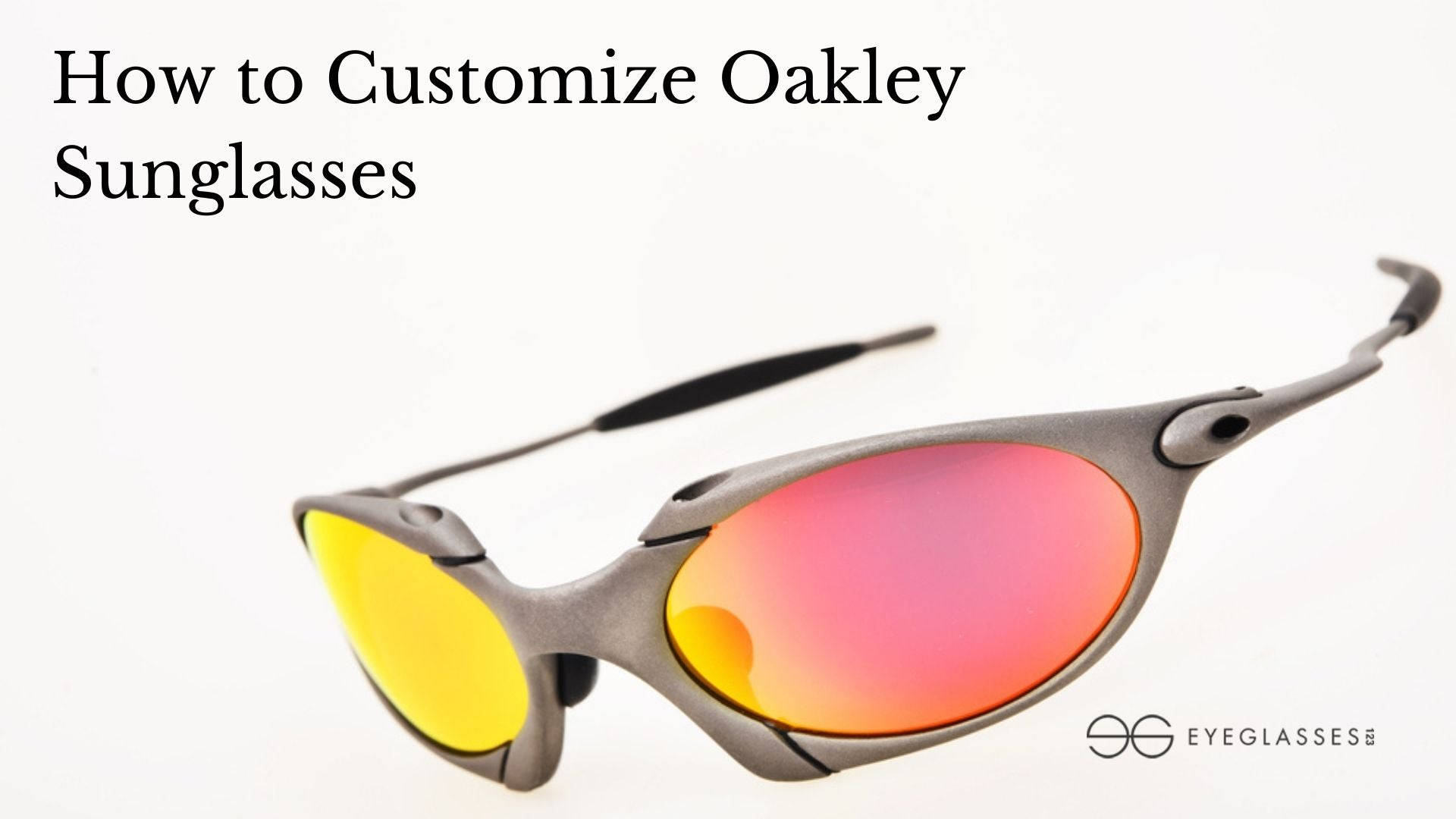 以Oakley男士運動太陽眼鏡展現冒險表現 壁紙 — 一副Oakley太陽眼鏡，配有一個黃色和一個粉紅色鏡面鏡片，放在純白色背景上。