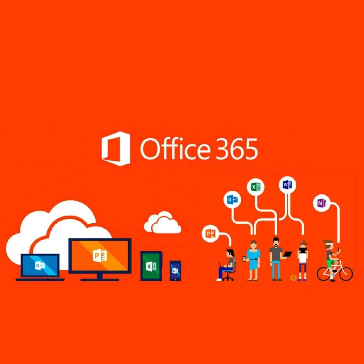 Office 365 使用者在連接到雲端服務的裝置上，帶有應用程式圖示。