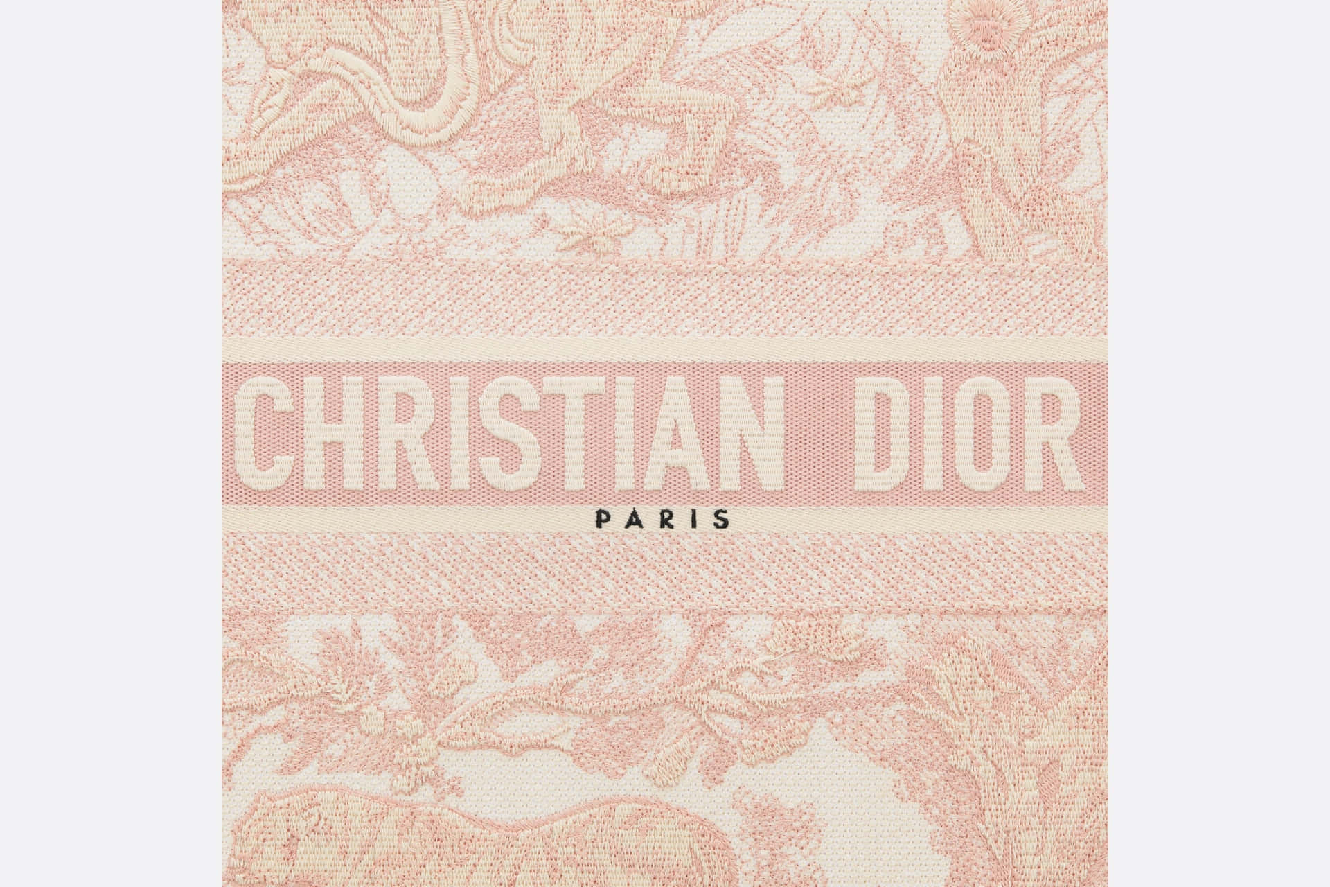 粉紅色紋理牆紙，帶有Christian Dior Paris品牌和裝飾圖案。