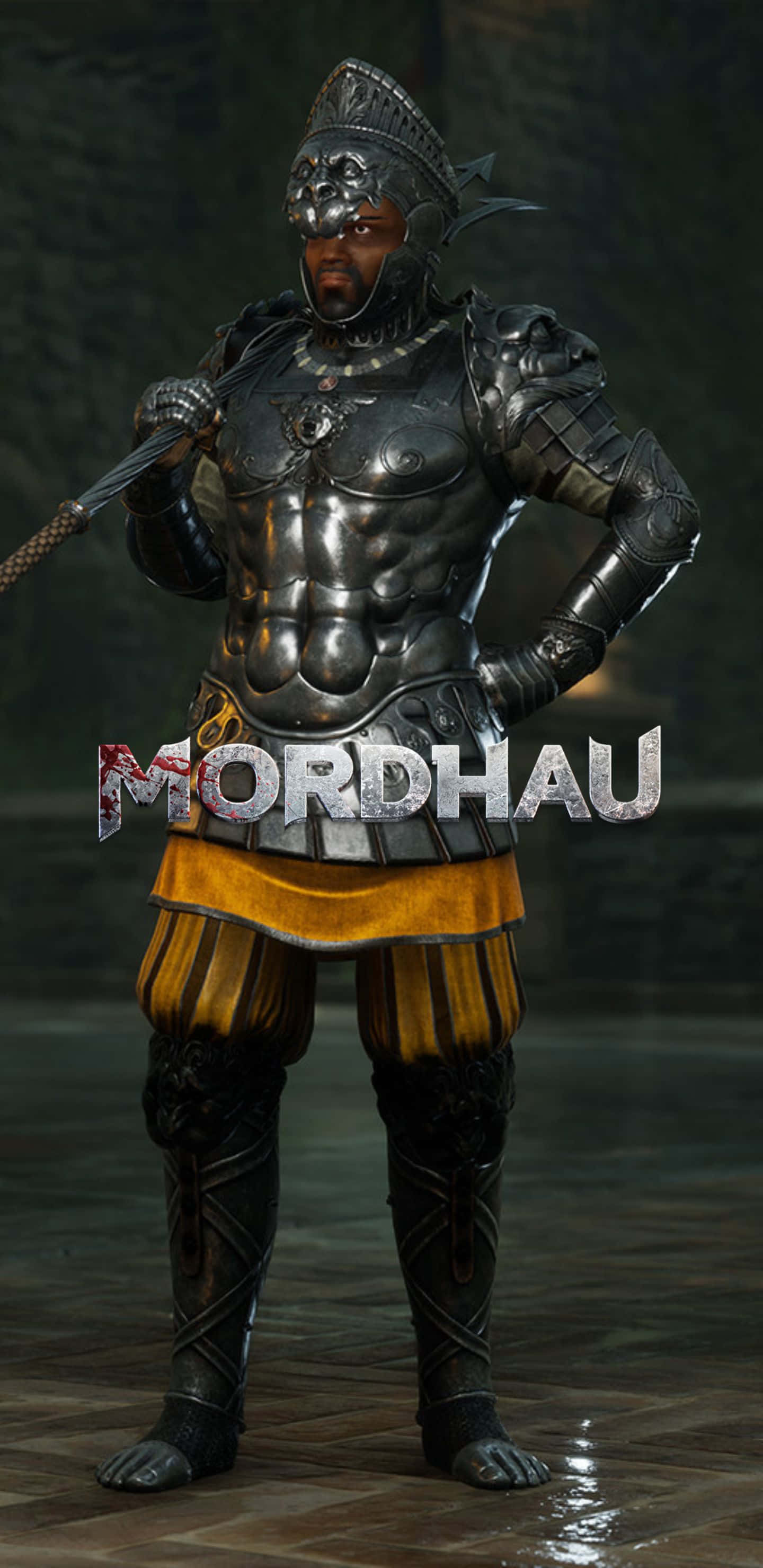 以Pixel 3XL暢玩《Mordhau》 壁紙 — 一位肌肉發達的騎士身穿精緻的銀色盔甲和黃色裙子，自信地站在光線昏暗的石廳中，手持一把劍。