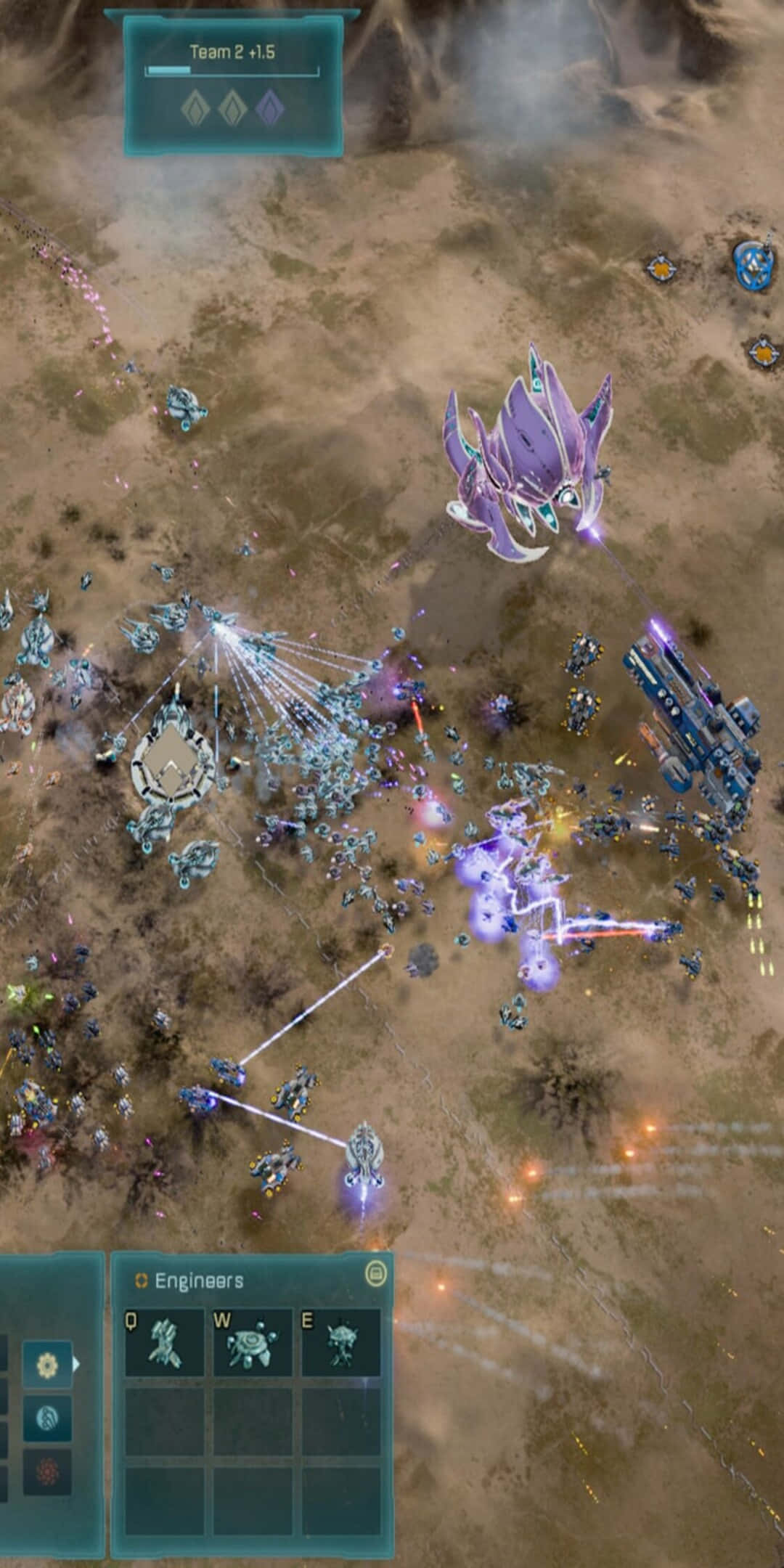 以Pixel 3與《Ashes of the Singularity》開啟遊戲冒險 壁紙 — 從上方俯瞰科幻戰鬥場景，發光的紫色飛船和藍色單位在塵土飛揚的戰場上發射能量光束。
