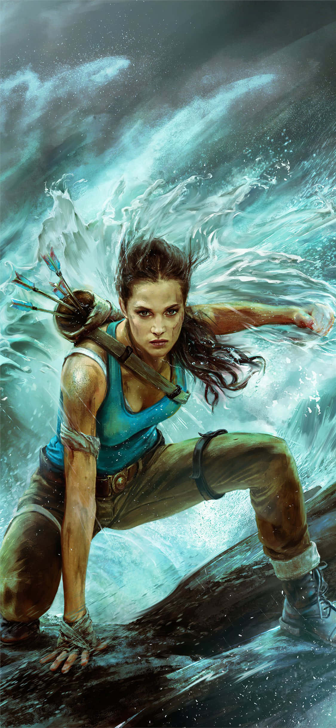 以Pixel 3與《古墓麗影：暗影》享受最震撼沉浸的遊戲體驗。 壁紙 — 一位兇猛的冒險家帶著堅定的專注，背著箭袋，與洶湧的海浪搏鬥。