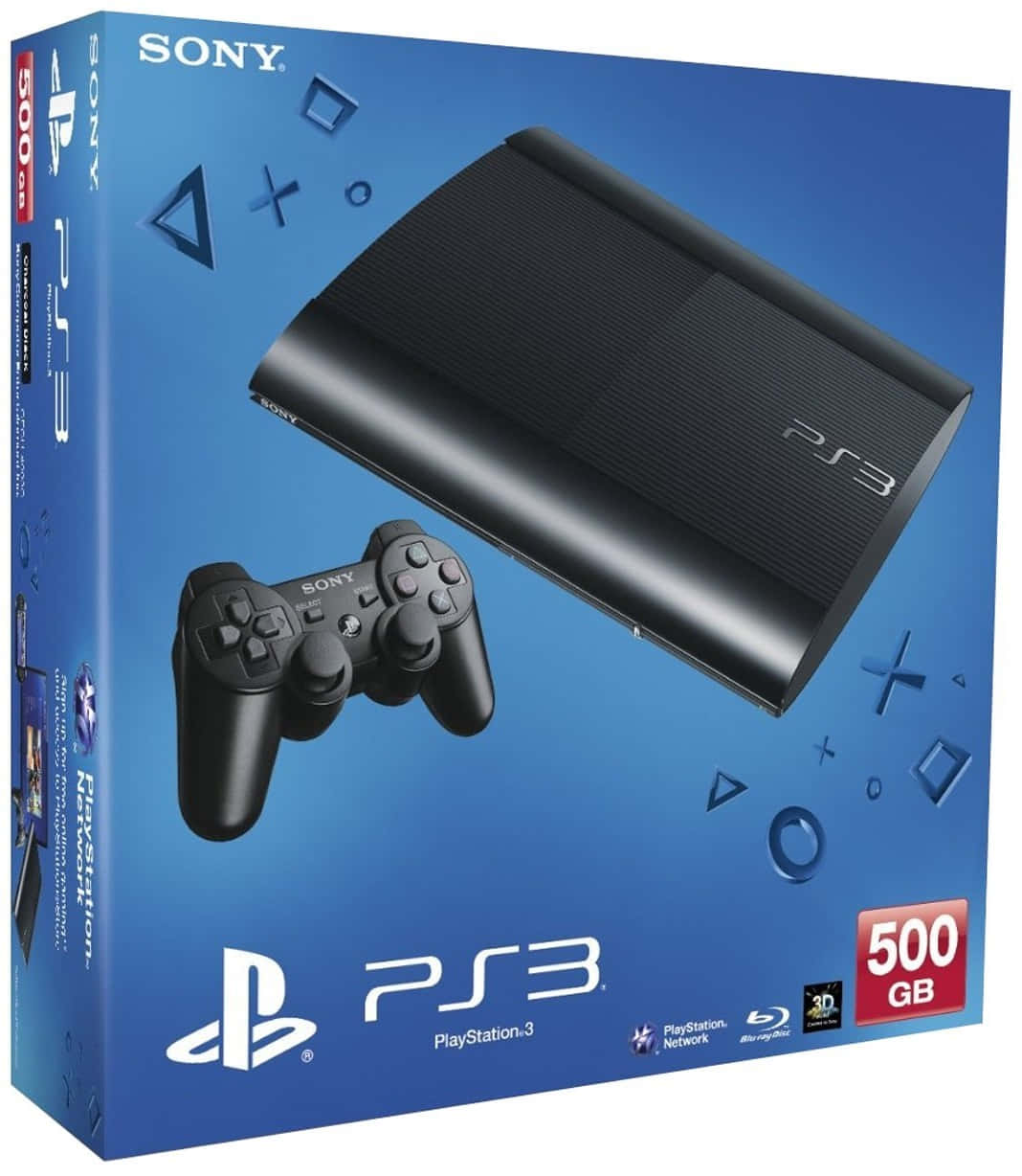 以PlayStation享受最頂級遊戲體驗！ 壁紙 — 一個藍色PlayStation 3主機盒，內含黑色PS3系統和控制器，配備500GB儲存空間和標誌性控制器按鈕。
