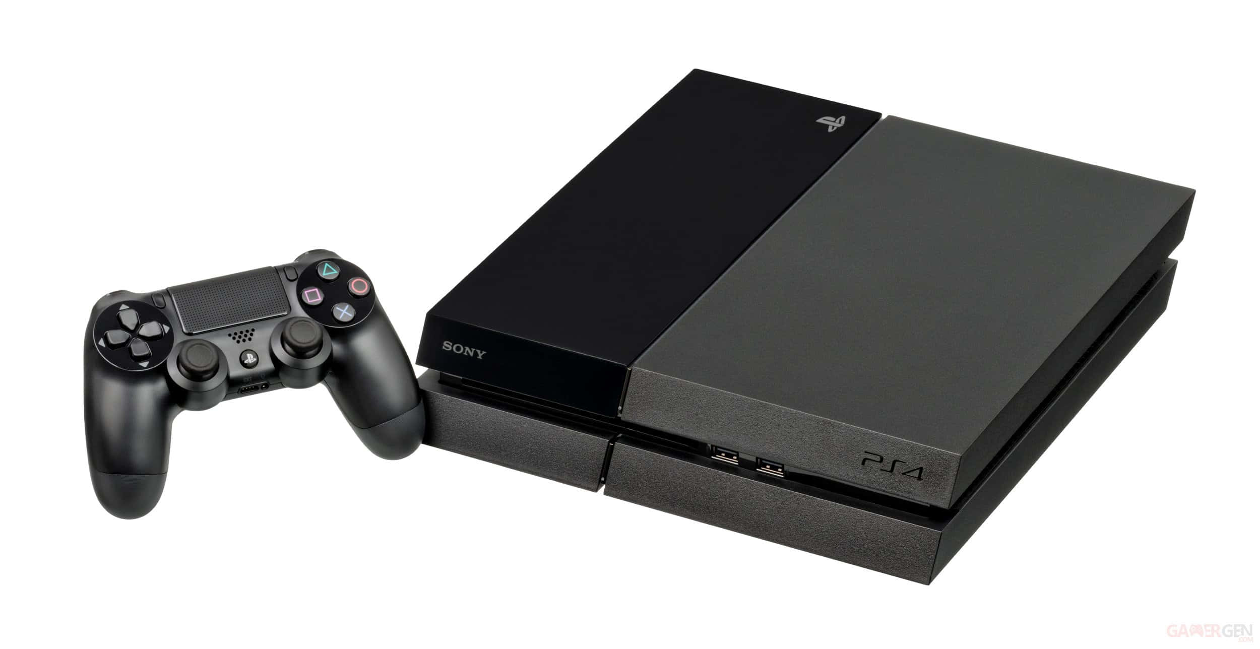 以PlayStation探索新世界 壁紙 — 一部時尚的黑色 PlayStation 4 主機和 DualShock 4 控制器並排放置在乾淨的白色背景上。
