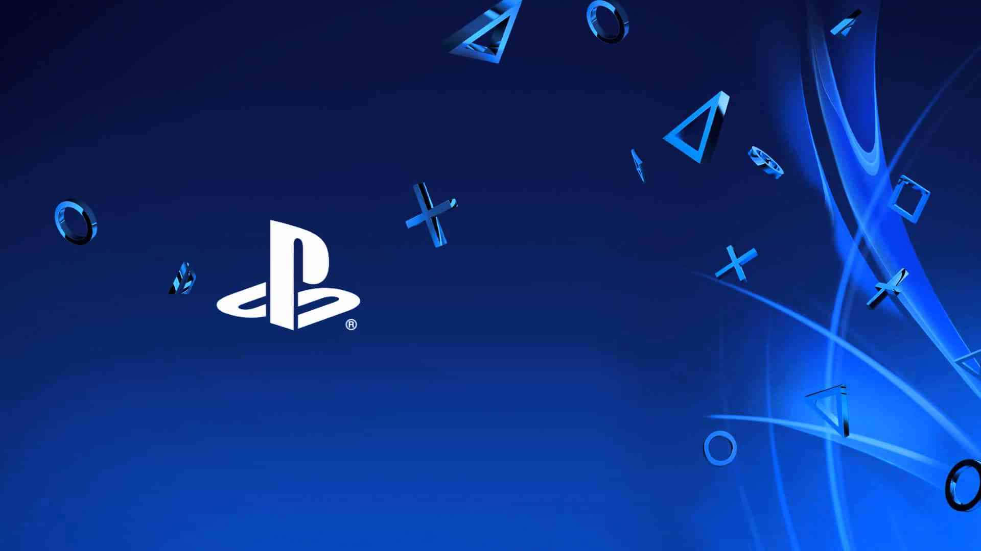 以PlayStation解鎖壯闊遊戲冒險 壁紙 — 白色PlayStation標誌居中於深藍色漸變背景，帶有浮動控制器符號和發光光條。