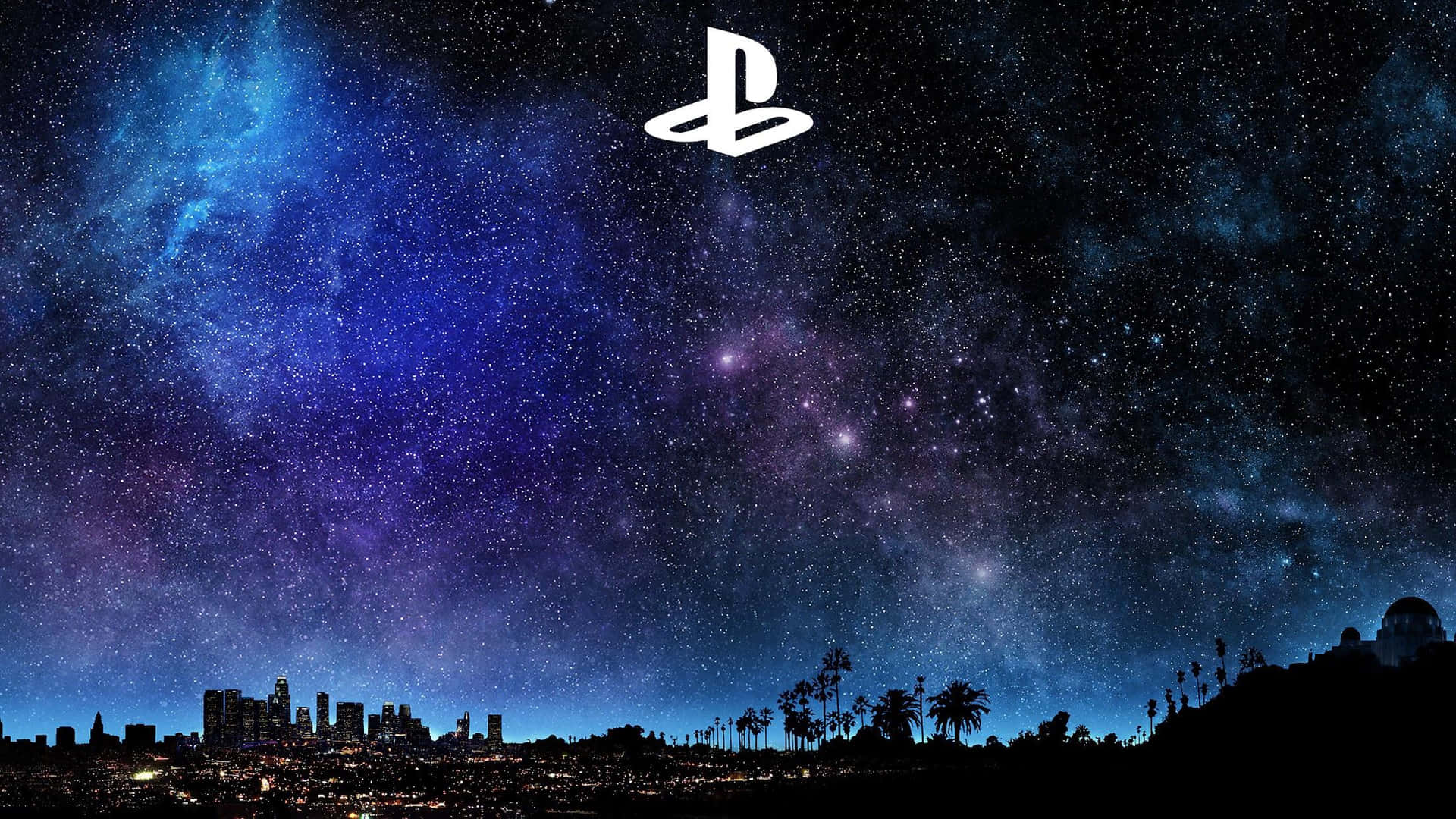 PlayStation標誌在星空夜空背景下，城市中有棕櫚樹。