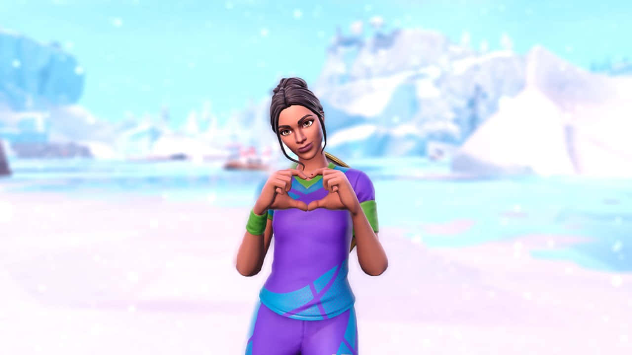 Fortnite角色在雪地冰天環境中做出心形手勢