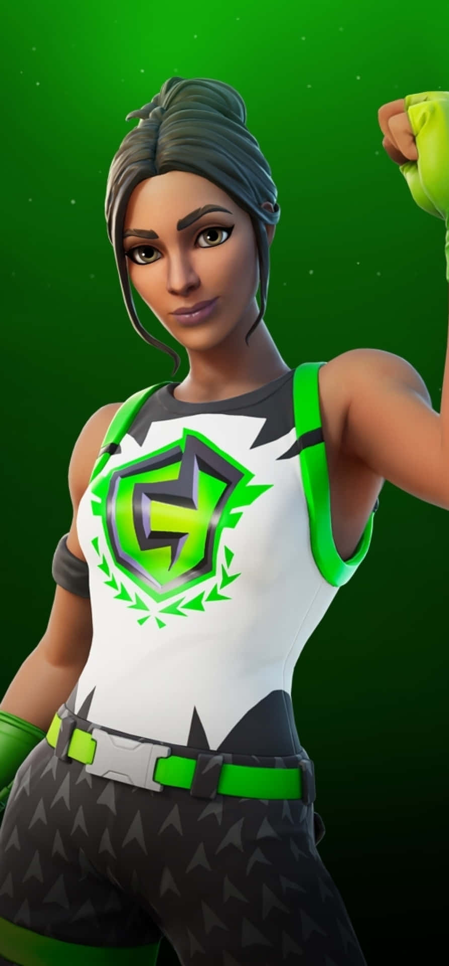 Fortnite角色身穿綠色同白色服裝握緊拳頭。