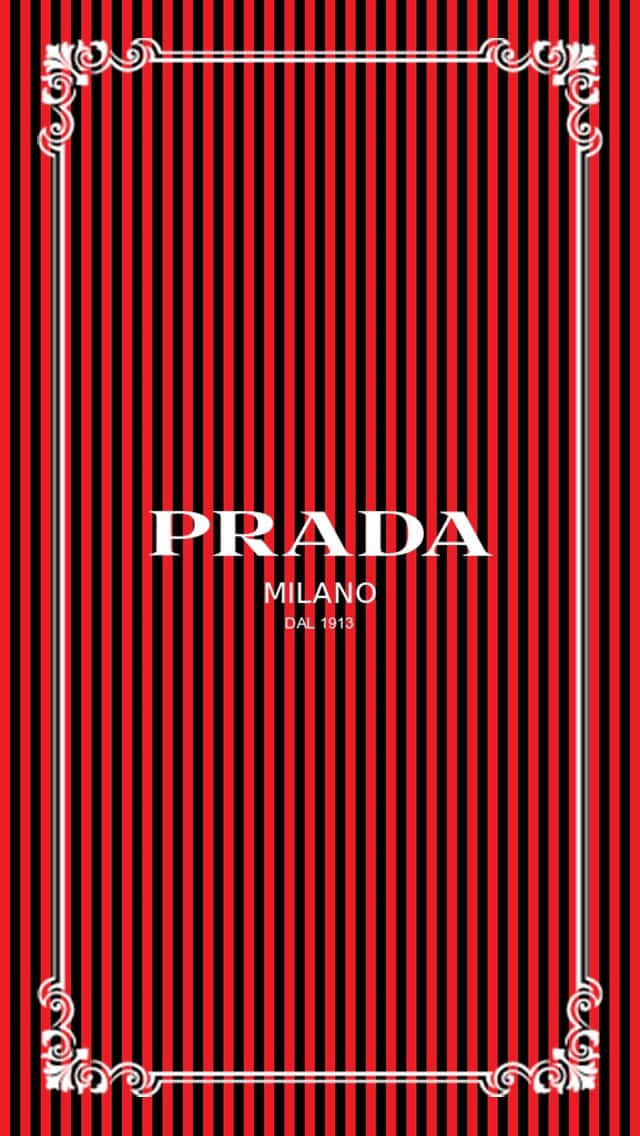 以Prada風格出街 壁紙 — 大膽的紅色和黑色垂直條紋，飾以華麗的白色角落，中央有Prada Milano文字。